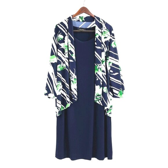 Ellen Weaver Womens Plus Size 2X Navy Dress Attached Floral Stripe Cardigan - Picture 1 of 10